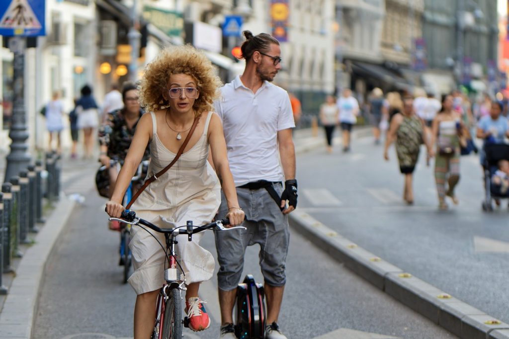 woman, bicycle, street